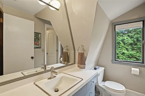 a bathroom with a sink toilet vanity and window