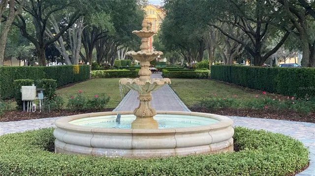a view of a fountain in the park