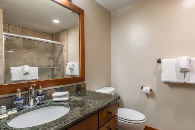 a bathroom with a granite countertop sink a toilet a mirror and shower