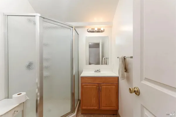 a bathroom with a shower a sink and a mirror
