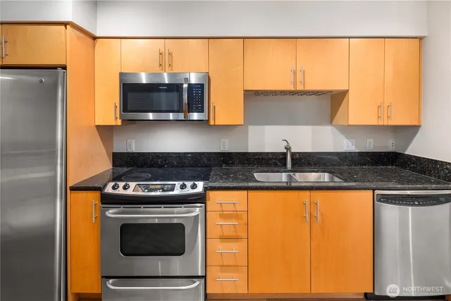 a kitchen with stainless steel appliances granite countertop a stove a sink and a microwave