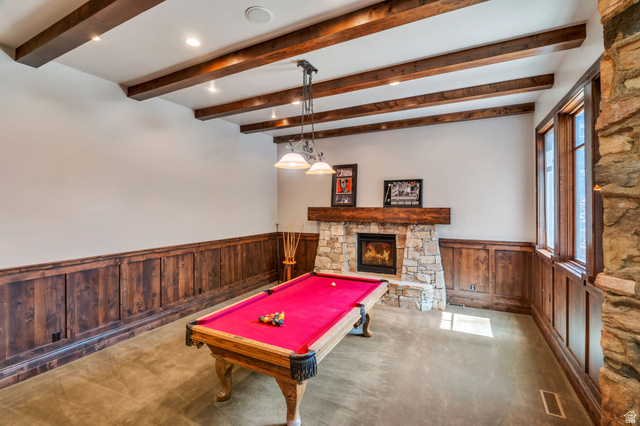 811 South High Ridge Drive Alpine, UT 84004 - Photo 41 of 98 Playroom with a wainscoted wall, wooden walls, billiards table, carpet, and a stone fireplace