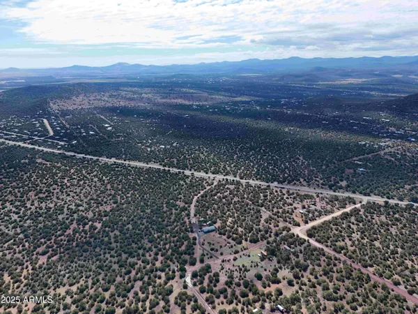 an aerial view of residential houses with outdoor space and trees