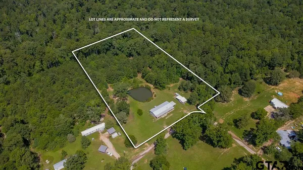 an aerial view of a house with swimming pool and green space