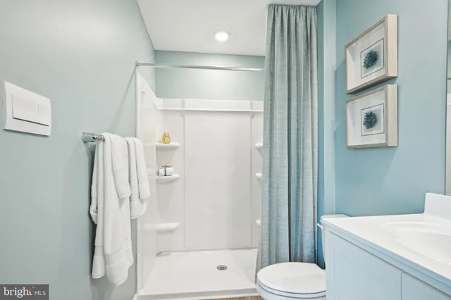 a bathroom with a shower and toilet