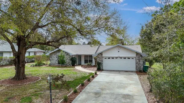 a view of a house with a yard and large tree