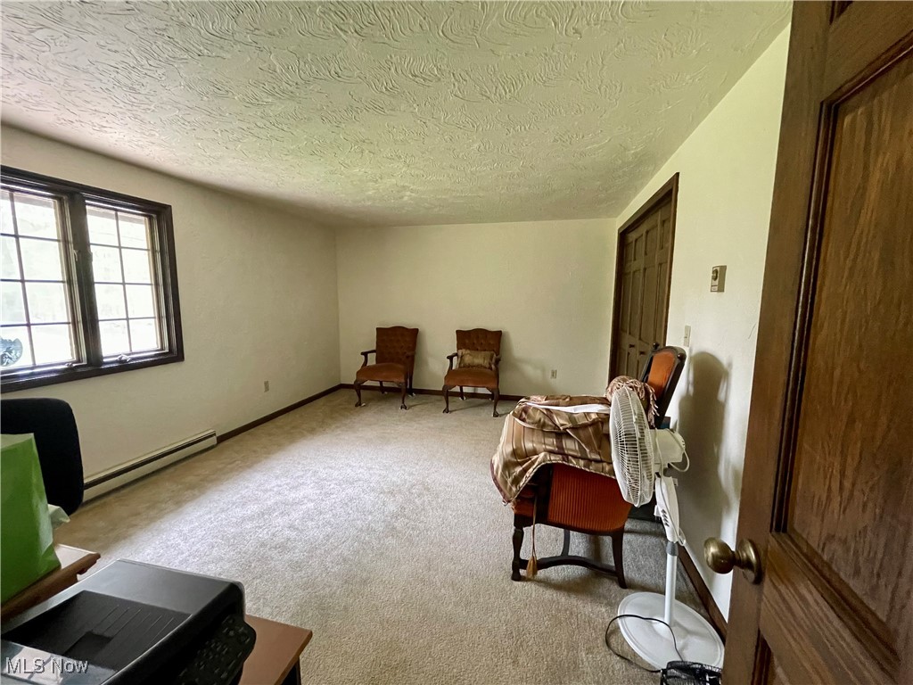 1995 Claus Road Vermilion, OH 44089 - Photo 17 of 21 Sitting room with a baseboard radiator, a textured ceiling, and carpet flooring