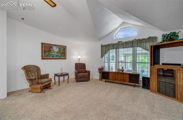 12825 Garrett Road Peyton, CO 80831 - Photo 14 of 47 Sitting room with vaulted ceiling, carpet floors, and a textured ceiling