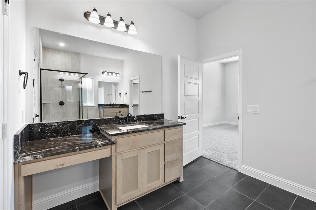 613 Brazos Drive Van Alstyne, TX 75495 - Photo 18 of 29 Bathroom featuring a shower stall, vanity, dark tile patterned flooring, and dark colored carpet
