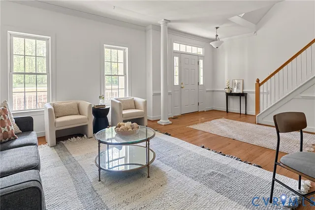 a view of balcony and wooden floor