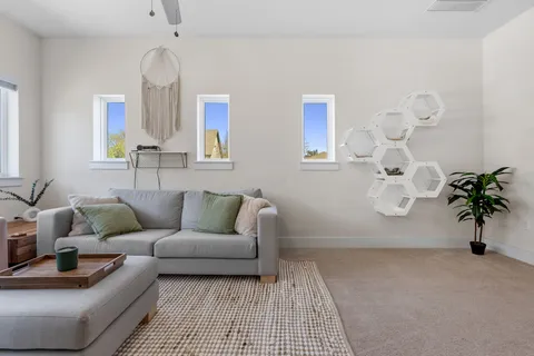 a living room with furniture and a potted plant