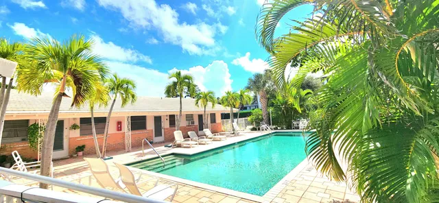 a view of swimming pool with chairs and palm trees