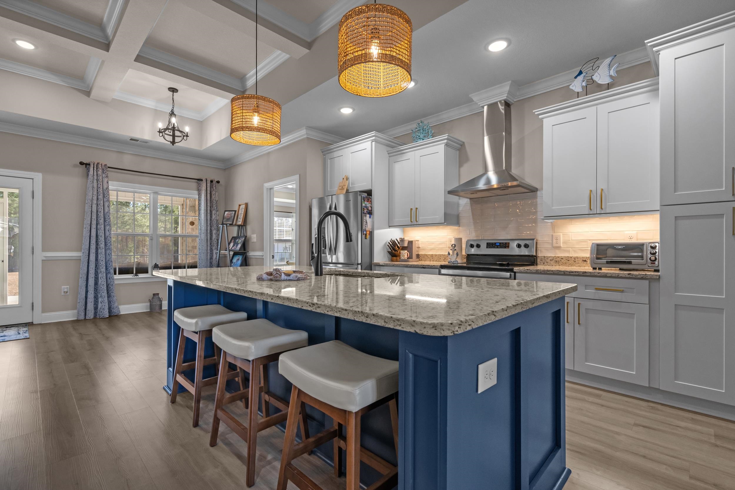 1061 Busy Corner Road Conway, SC 29527 - Photo 12 of 37 Living area featuring recessed lighting, light wood-type flooring, a chandelier, ornamental molding, and beam ceiling