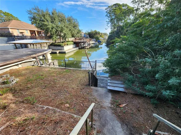 a view of a backyard with plants and lake view