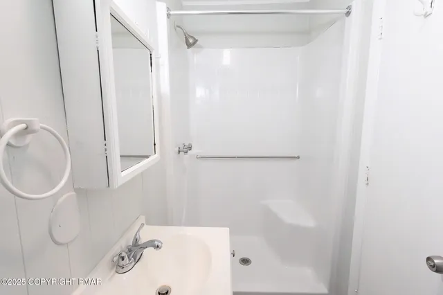 a bathroom with a sink a toilet and shower