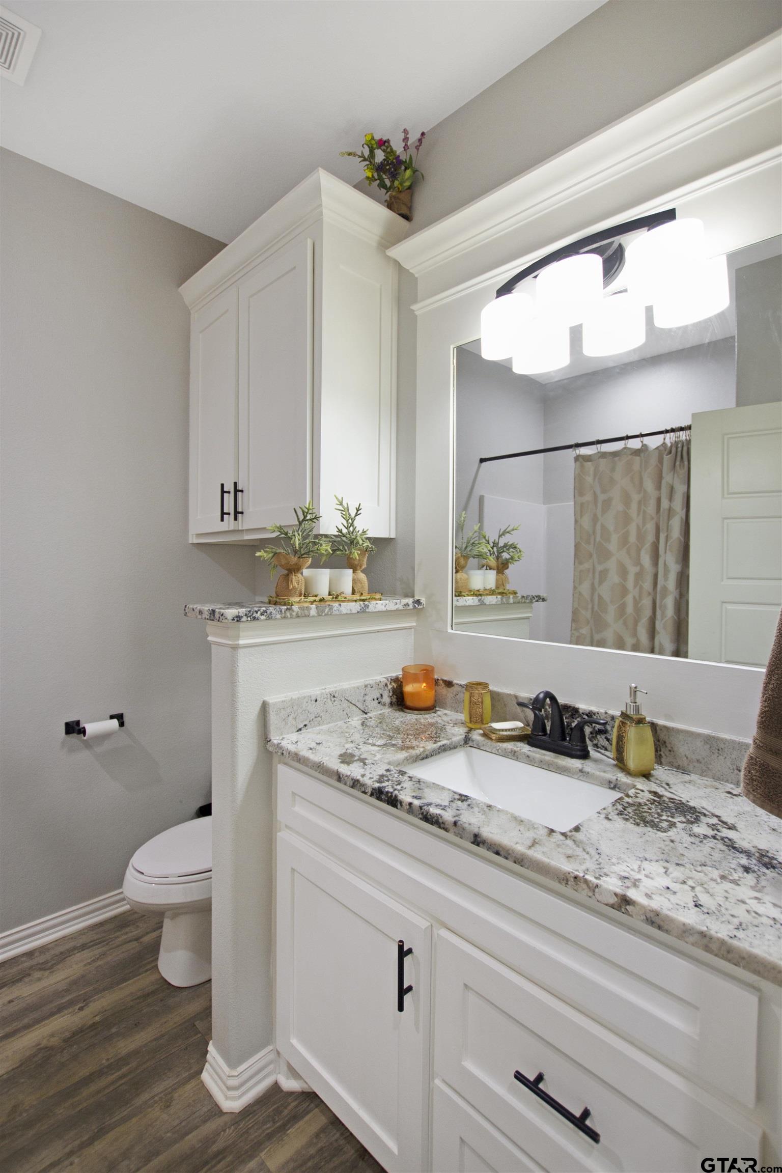 344 Duke Place Tyler, TX 75704 - Photo 18 of 36 a bathroom with a granite countertop sink a toilet and a mirror
