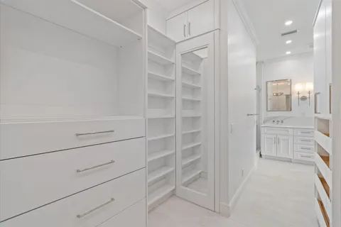 a view of walk in closet with empty racks