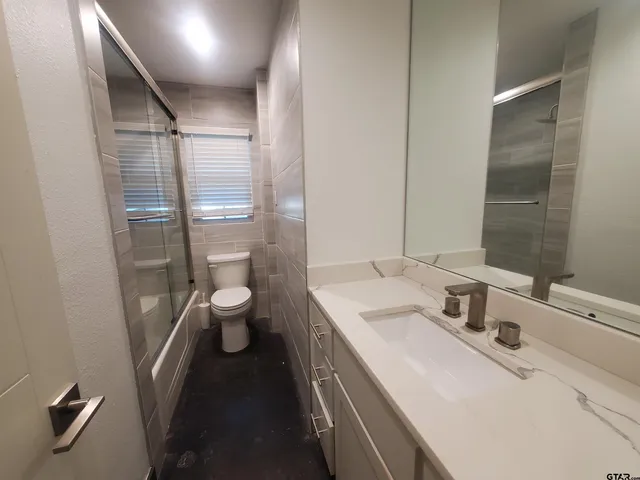 a bathroom with a sink a toilet a shower and a mirror
