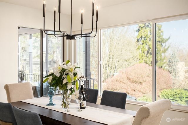 a view of a dining room with furniture window and outside view