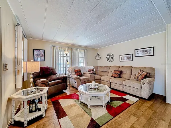 a living room with furniture a rug and a window