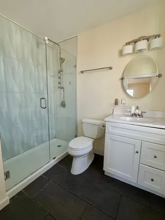 a bathroom with a toilet a sink a mirror and shower