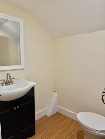 a bathroom with a sink a toilet and mirror