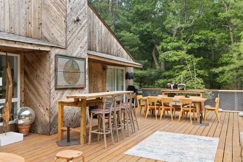 an outdoor space with furniture for seating