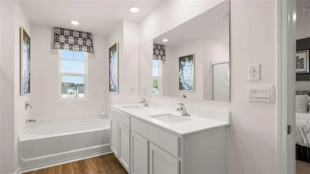 a bathroom with a bathtub a sink a vanity and a shower