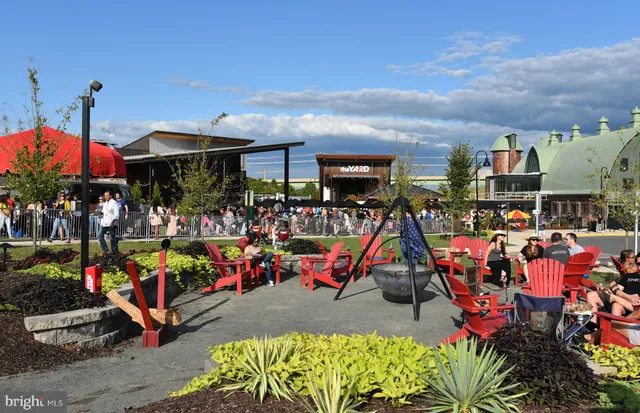 an outdoor space with seating