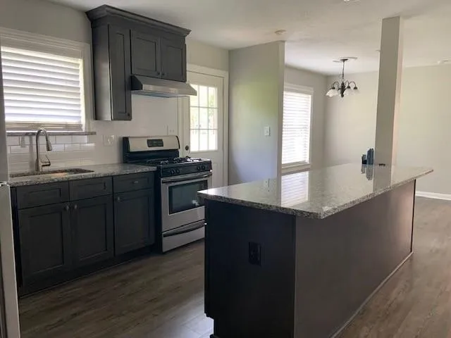 a kitchen with a sink a stove a refrigerator and cabinets