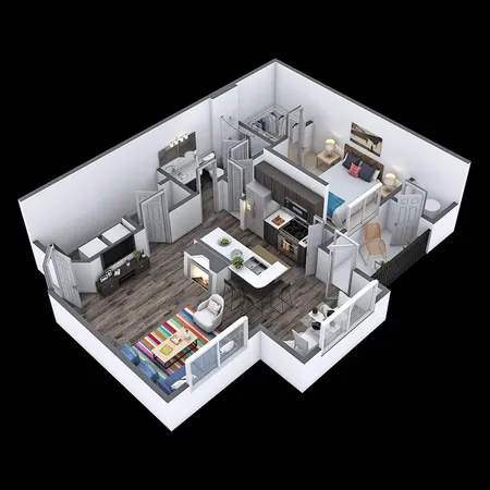 a wooden floor with furniture and view of living room