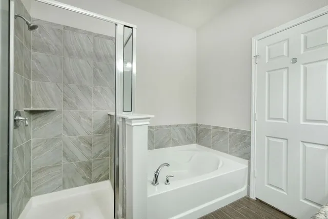 a bathroom with a bathtub and a shower