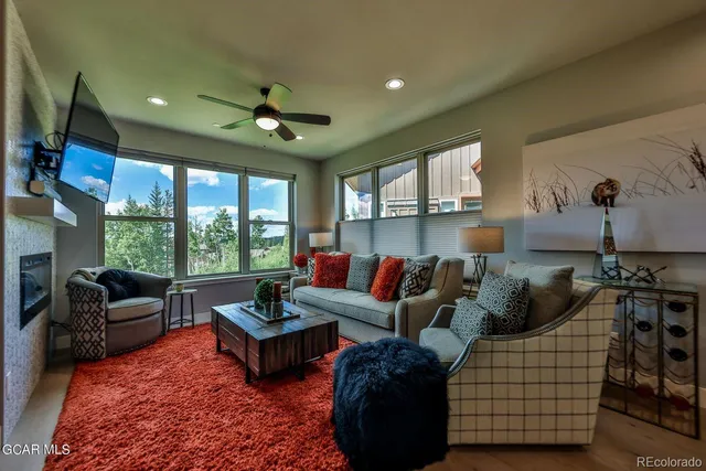 a living room with furniture ceiling fan and a rug