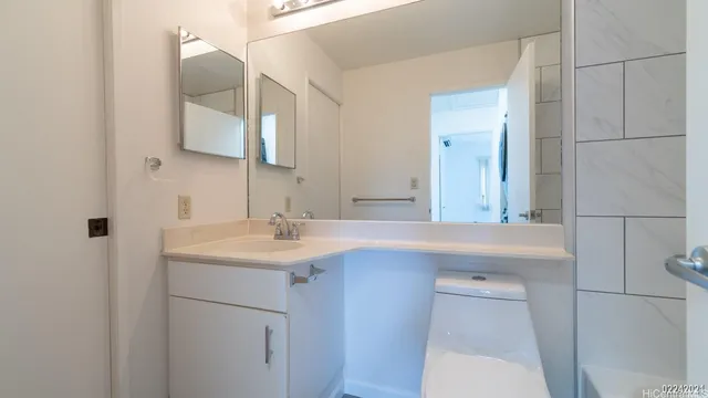 a bathroom with a sink toilet and mirror