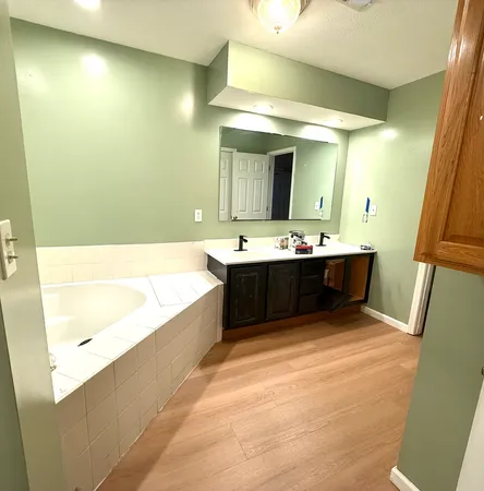 a bathroom with a tub sink and mirror