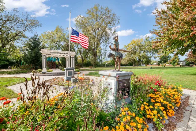 a view of a park with plants and large trees