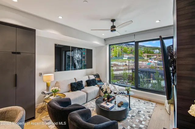 a living room with furniture and a large window with garden view