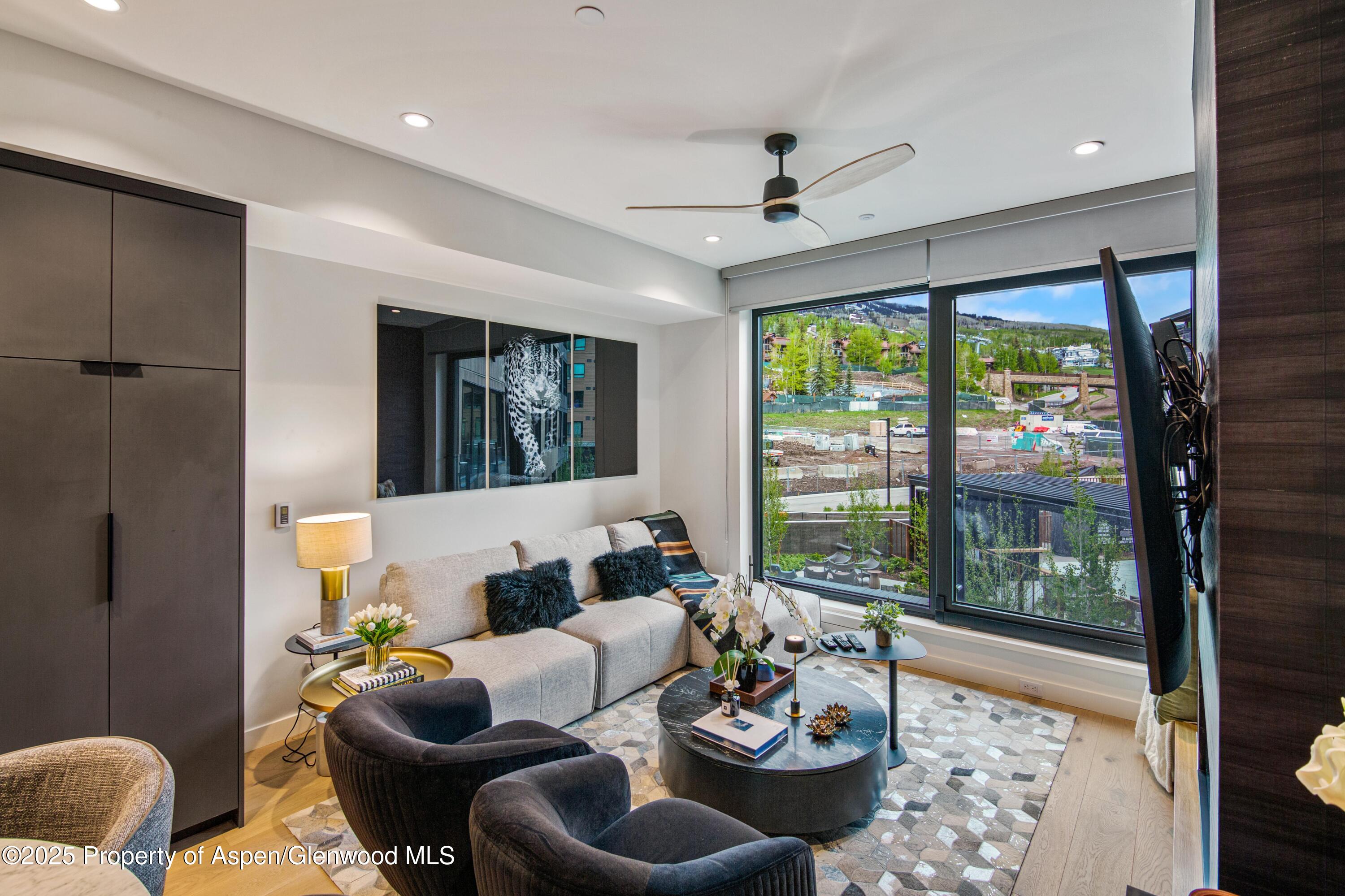 119 Wood Road, Unit 207 Snowmass Village, CO 81615 - Photo 2 of 26 a living room with furniture and a large window with garden view