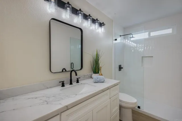 a bathroom with a sink a toilet and mirror