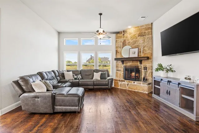 a living room with fireplace furniture and a flat screen tv