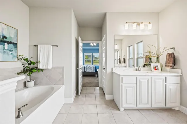 a bathroom with a tub sink and mirror