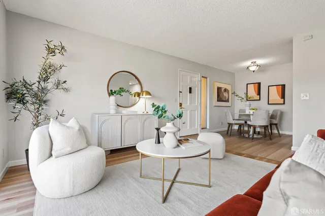 a living room with furniture a rug and a potted plant