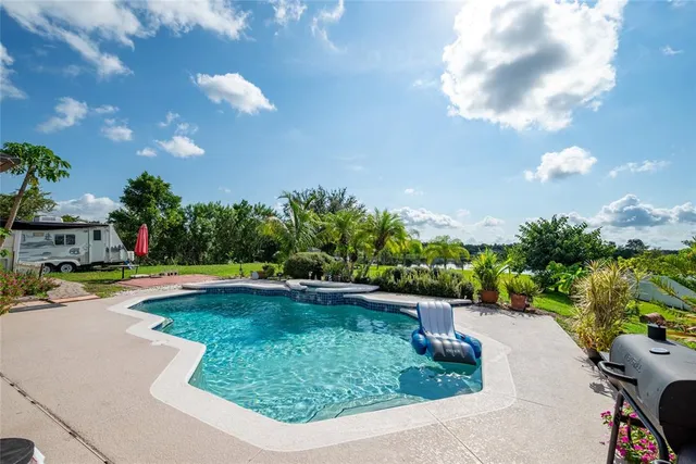 a view of a swimming pool with a yard
