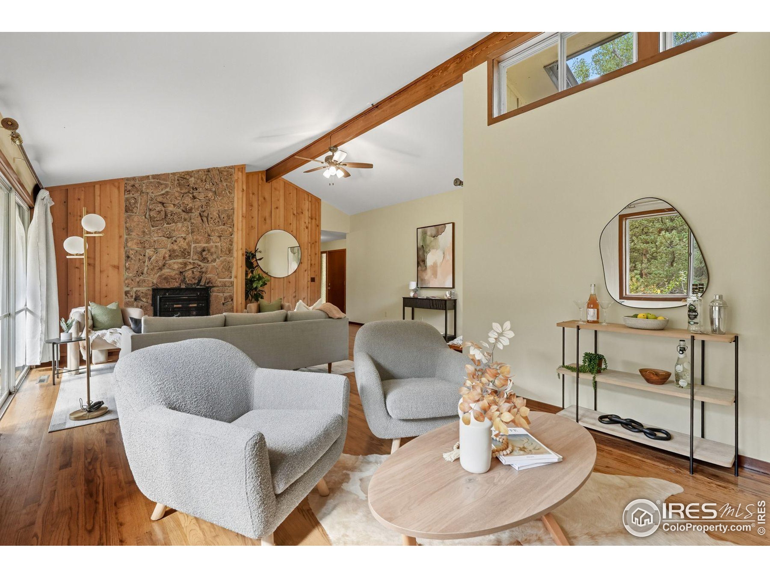 1037 Wagonwheel Gap Road Boulder, CO 80304 - Photo 17 of 43 a living room with fireplace furniture and a large window