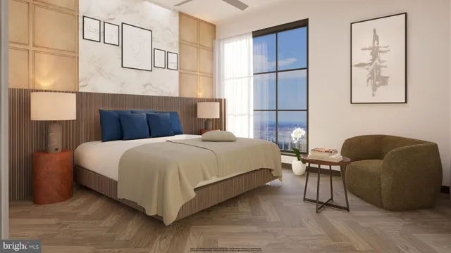 a bedroom with a bed and a mirror