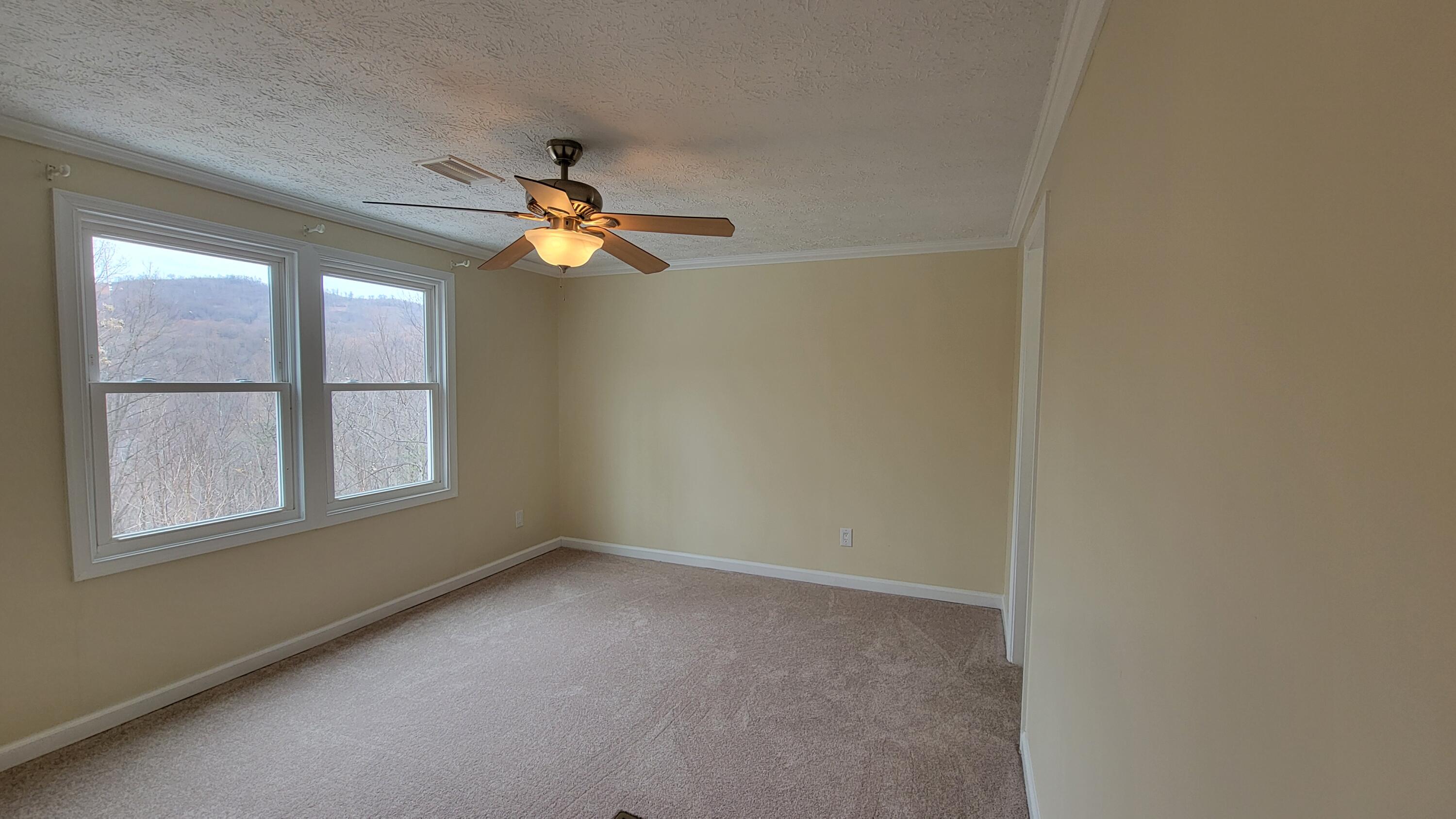 4350 Mountain View Church Road Blue Ridge, VA 24064 - Photo 10 of 30 an empty room with windows and chandelier fan