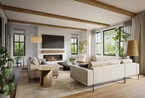 a living room with fireplace furniture and a large window