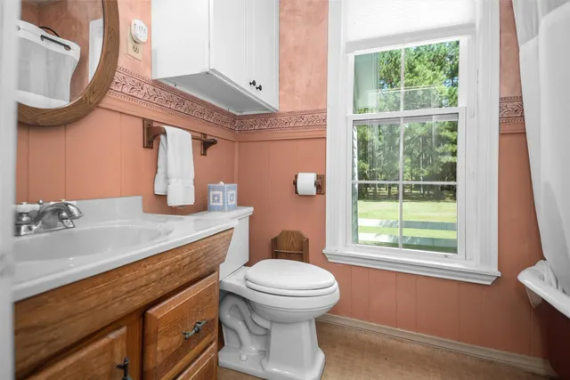 a bathroom with a sink a toilet and a mirror