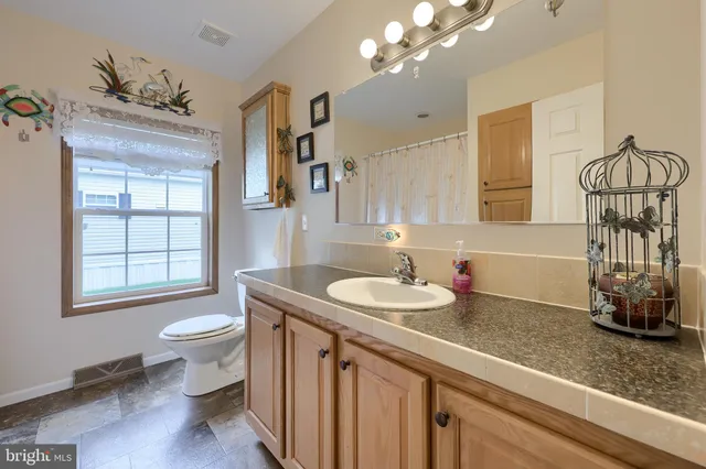 a bathroom with a sink a toilet and a mirror