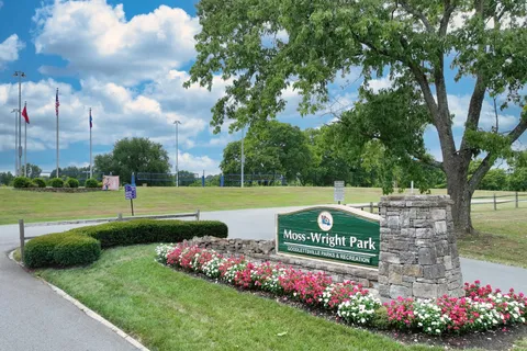 a view of a park with large trees